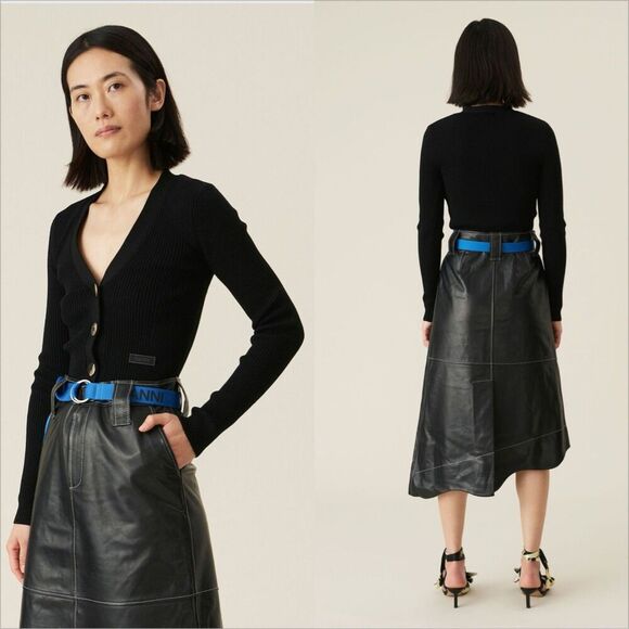 Ganni Melange Knit Cardigan Size XS Black Ribbed Minimalist Classic - Picture 1 of 8